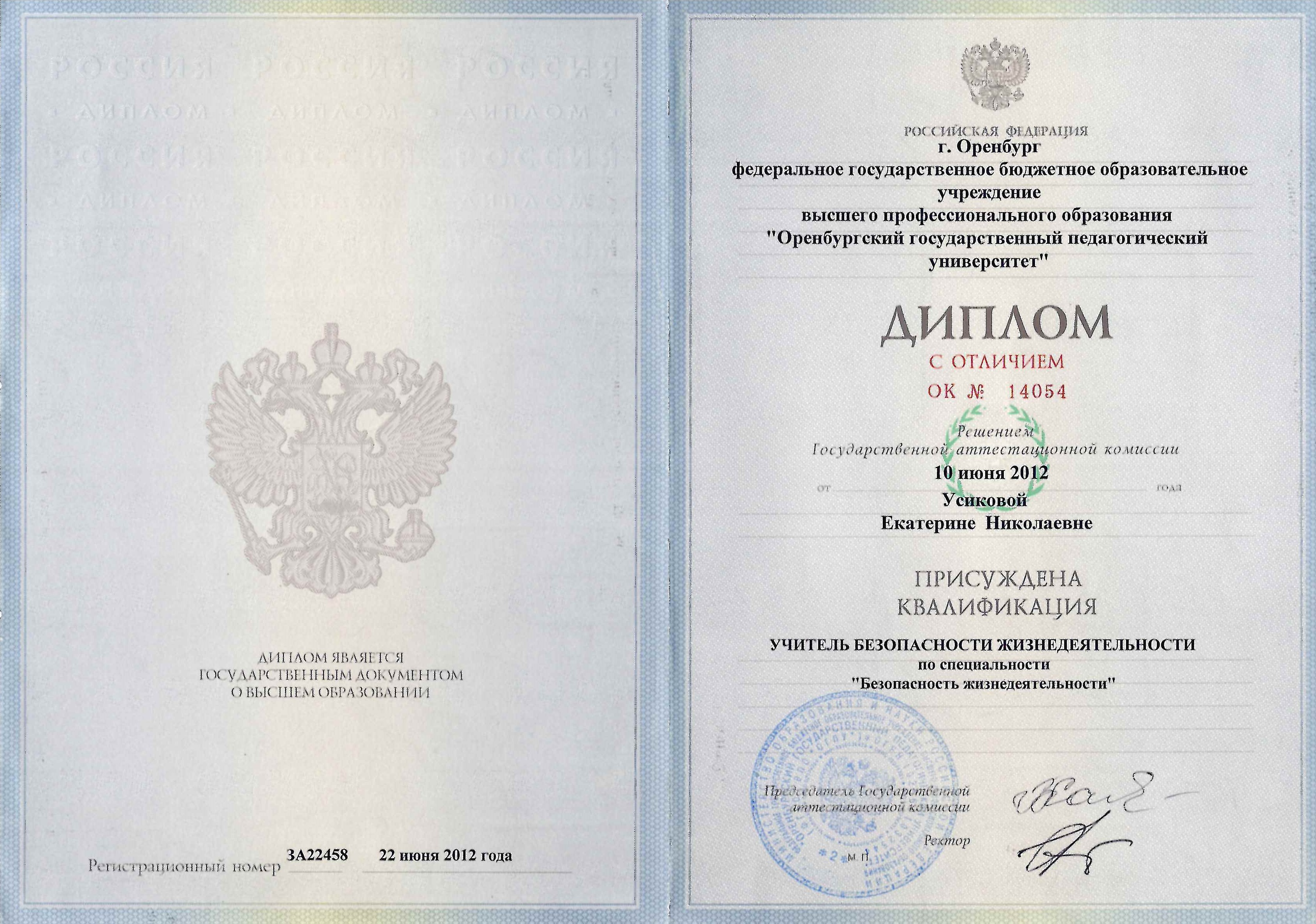 Диплом Усиковой Екатерины Николаевны