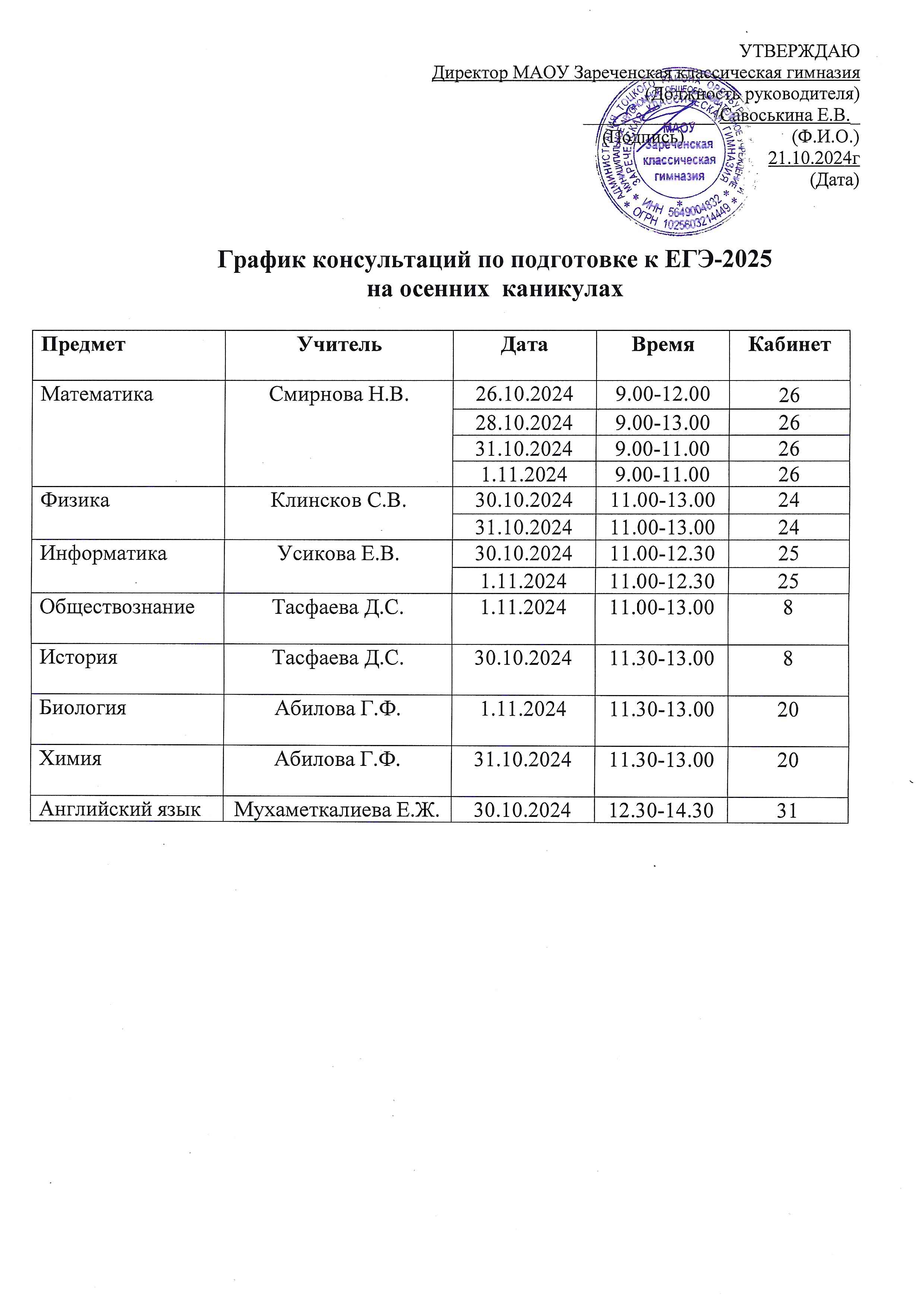 Графики мероприятий, консультаций на осенних каникулах.